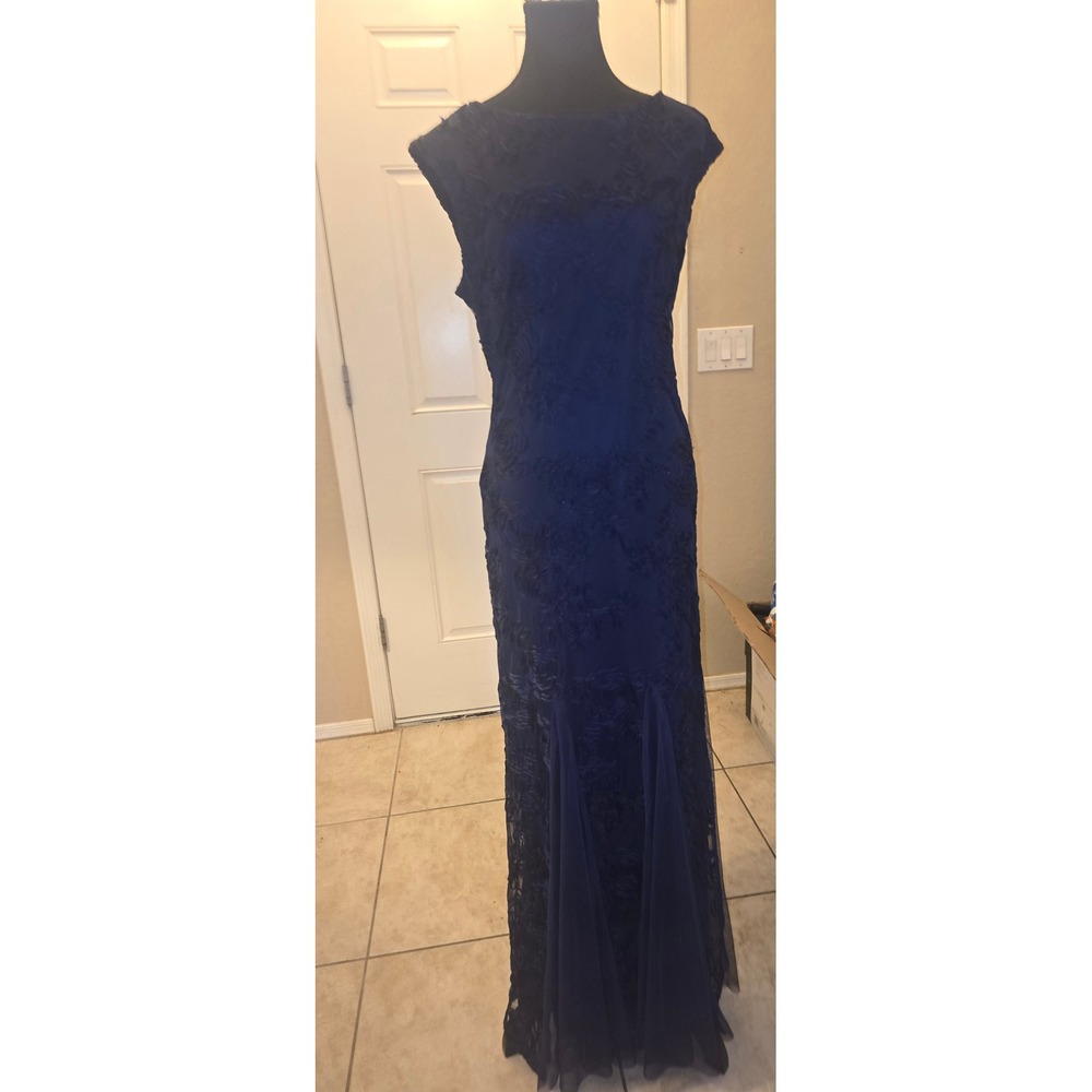 Onyx Nite Navy Blue Floral Rosette Mesh Godet Formal Evening Gown Dress Size 14